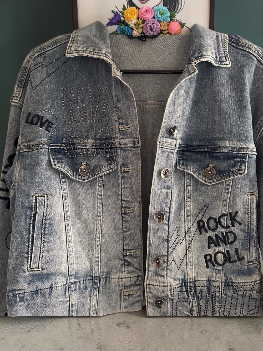 CHARLIE B Indigo Blue Stretch Denim Jacket with Fun Embroidery Accents.